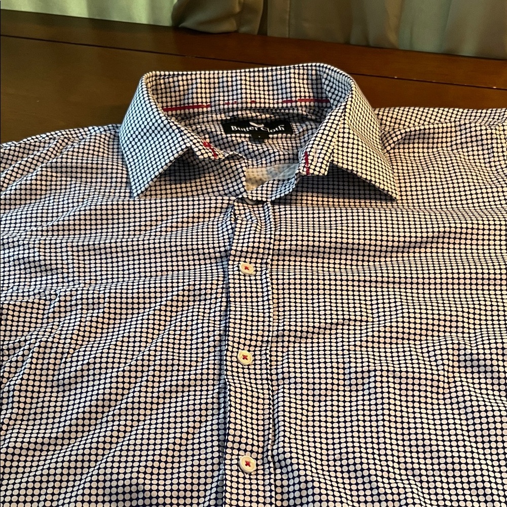 Buttercloth Button Front Polo Blue and White Shirt with Dots